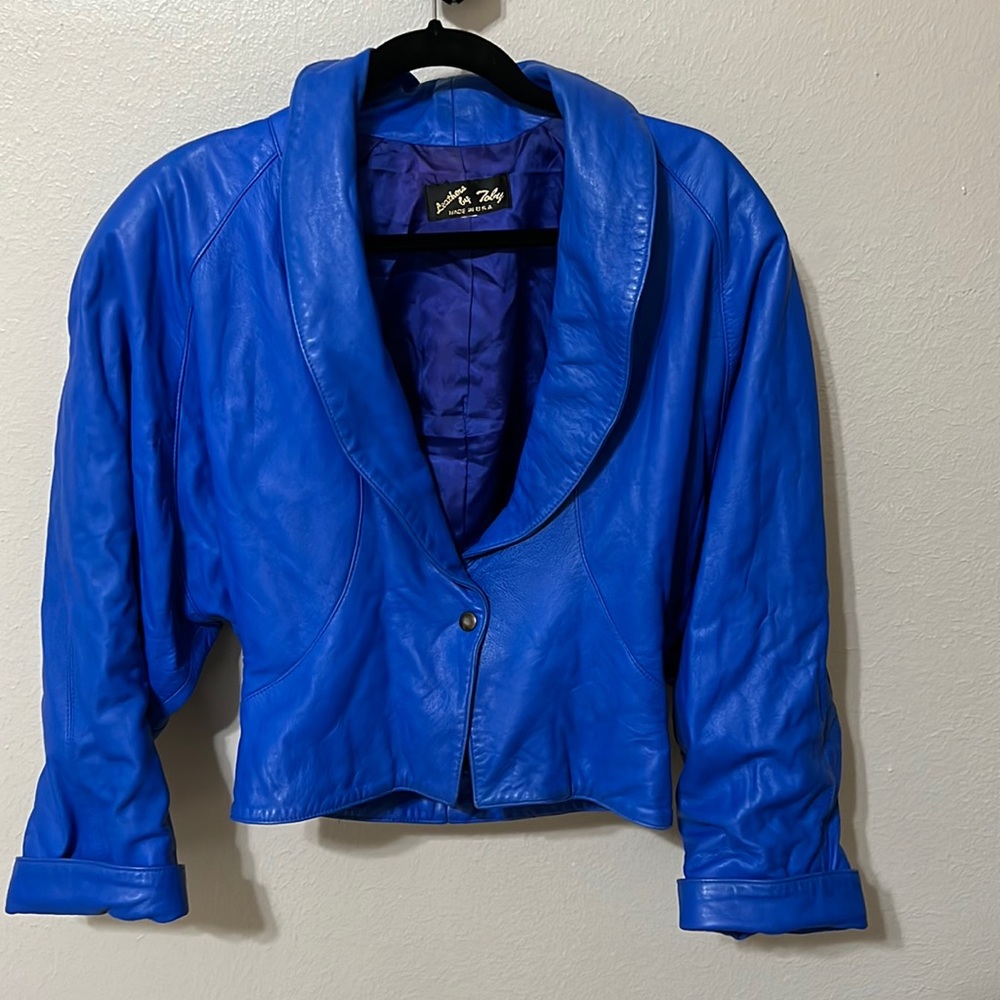 Vintage 80s bright blue leather crop jacket by Leathers By Toby!
